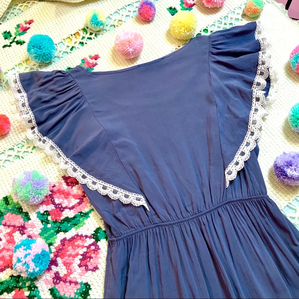 Lush Blue Ruffle Dress Cream Bow Lace Soft Large - Picture 4 of 7